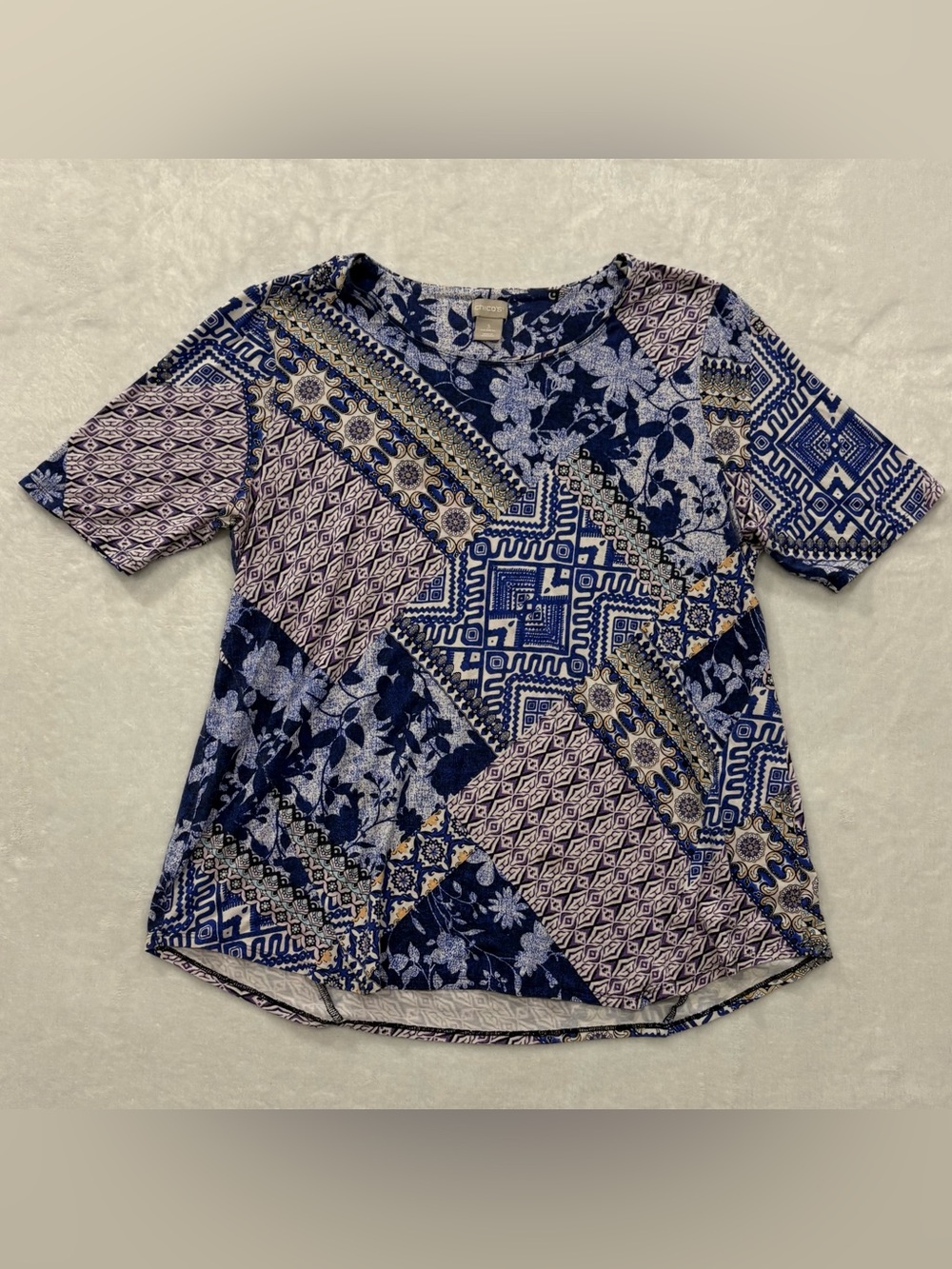 Chico's Blue Patchwork Floral Print Short Sleeve Top Chico’s 3 = Women's size XL